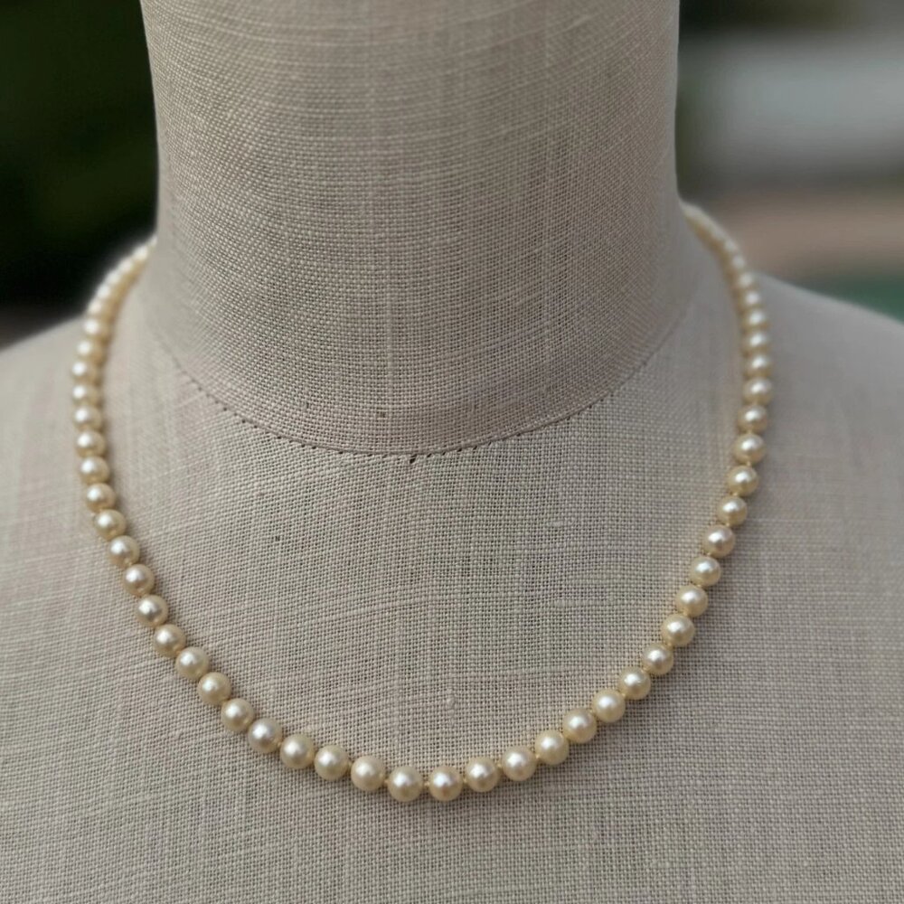 Vintage Cultured Pearl Necklace 18" Strand Cream White 5-6 mm Beads w/ Filigree